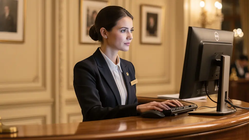 Réceptionniste d'hôtel parisien derrière comptoir en bois, décor classique avec moulures